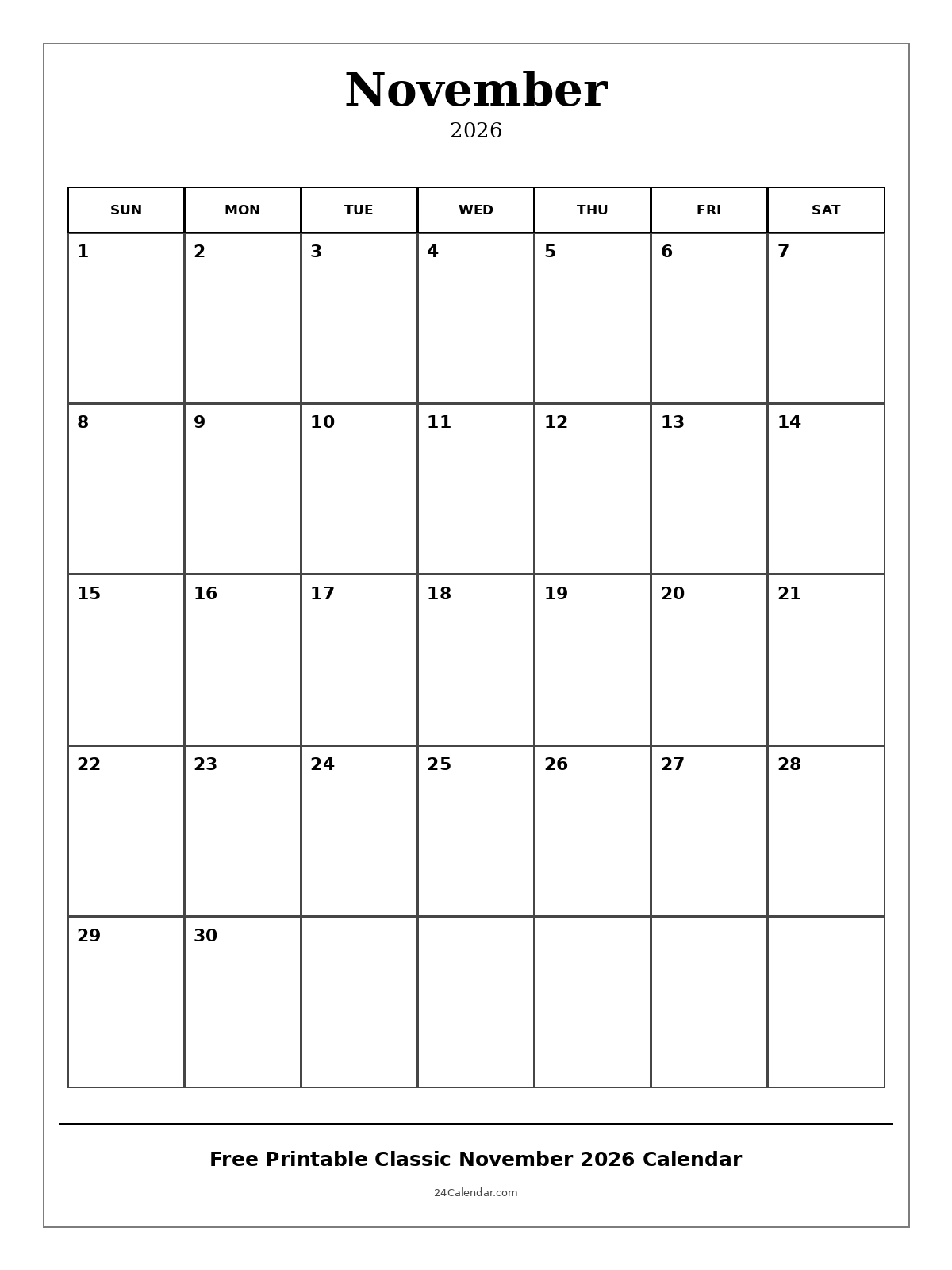 Free printable Classic November 2026 calendar