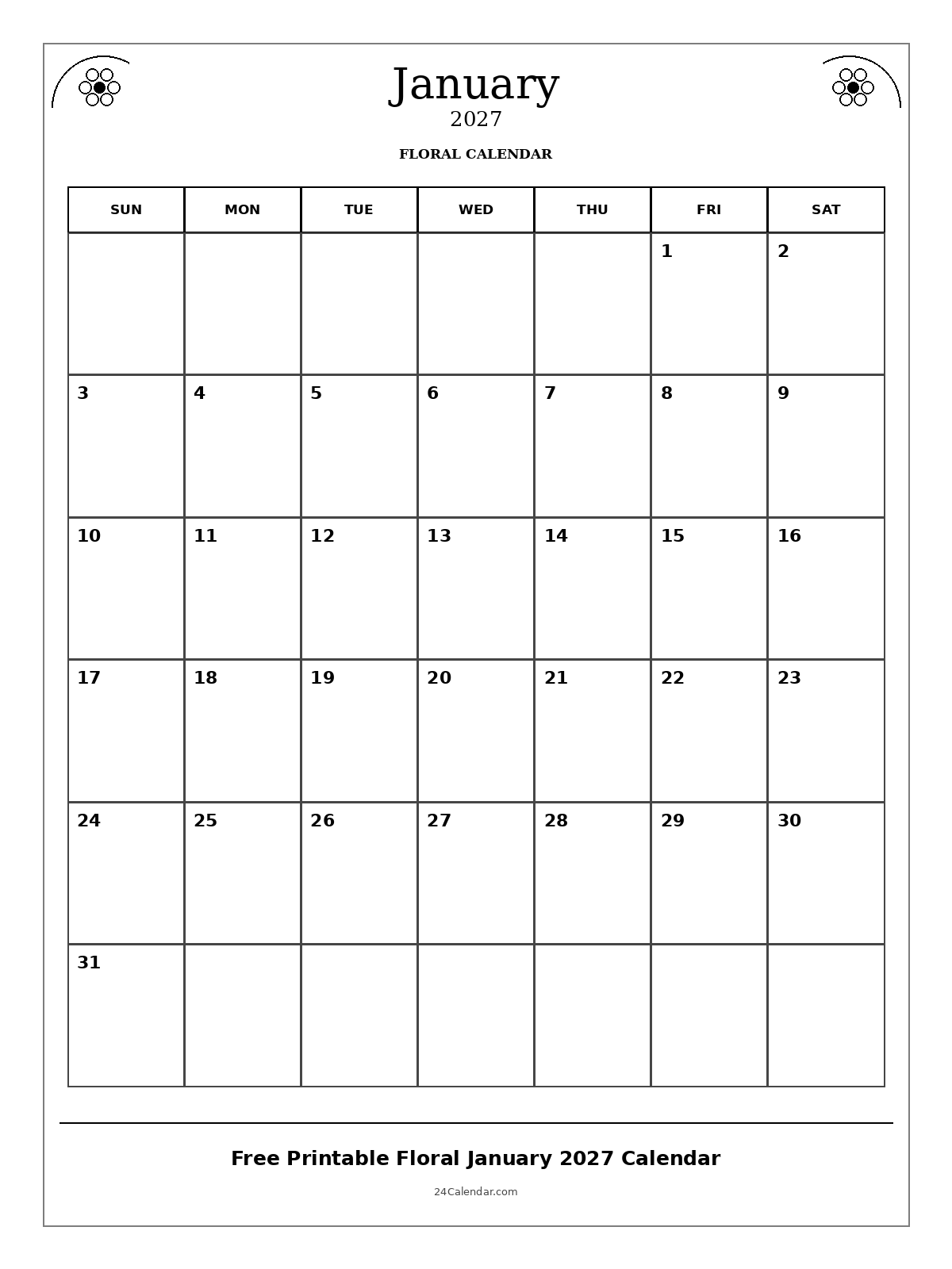 Free printable Floral January 2027 calendar