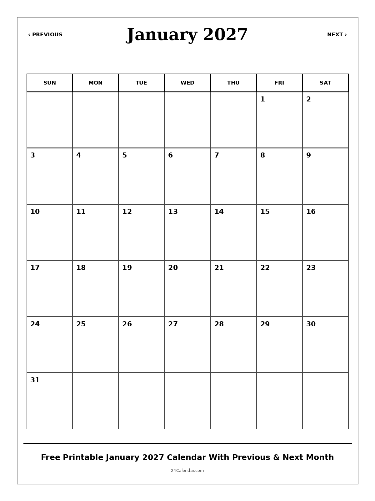 Free printable Previous & Next Month January 2027 calendar