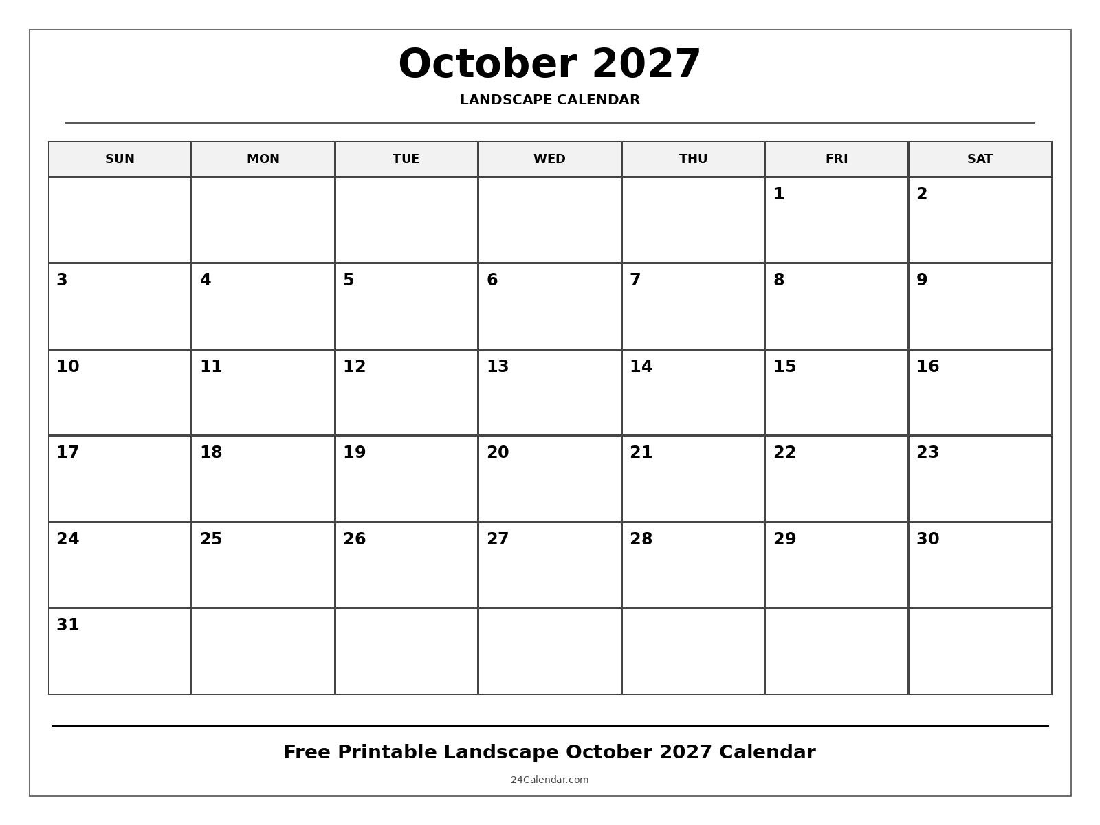 Free Printable October 2027 Calendar Landscape