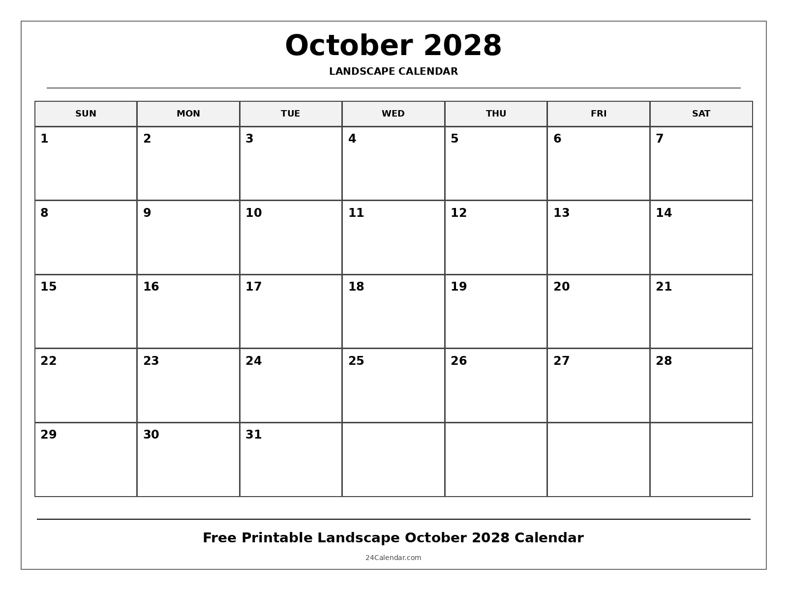 Free Printable October 2028 Calendar Landscape