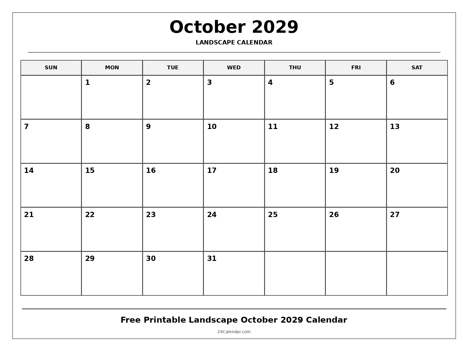 Free Printable October 2029 Calendar Landscape