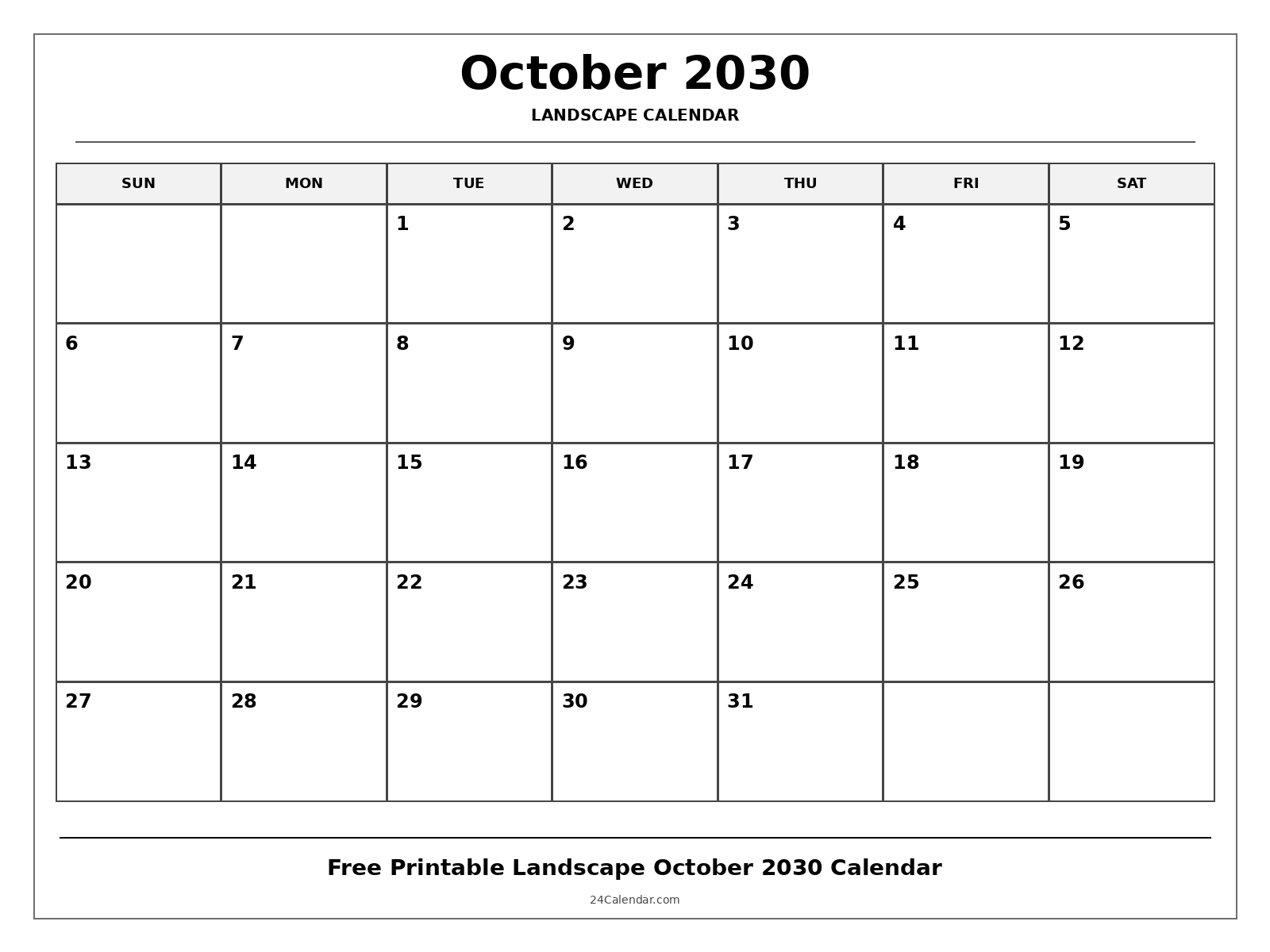 Free Printable October 2030 Calendar Landscape