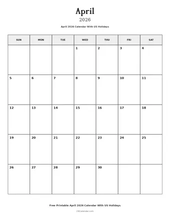 April 2026 Calendars With US Holidays