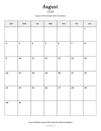 August 2026 Calendars With US Holidays