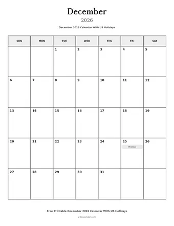 December 2026 Calendars With US Holidays