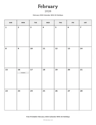 February 2026 Calendars With US Holidays