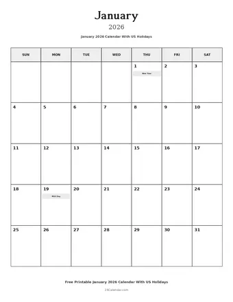 January 2026 Calendars With US Holidays