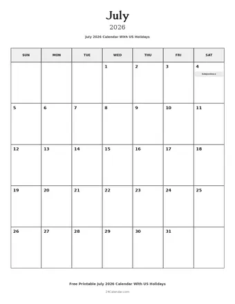 July 2026 Calendars With US Holidays