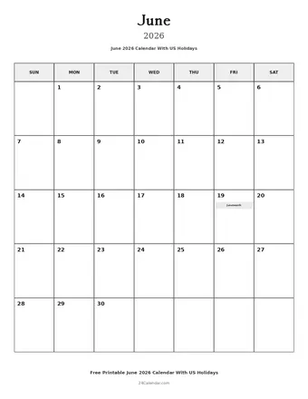 June 2026 Calendars With US Holidays