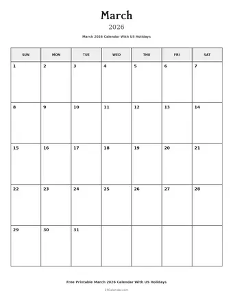 March 2026 Calendars With US Holidays