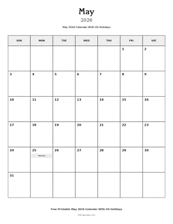 May 2026 Calendars With US Holidays