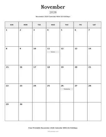 November 2026 Calendars With US Holidays