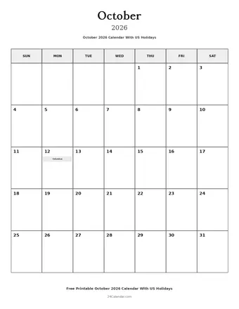 October 2026 Calendars With US Holidays