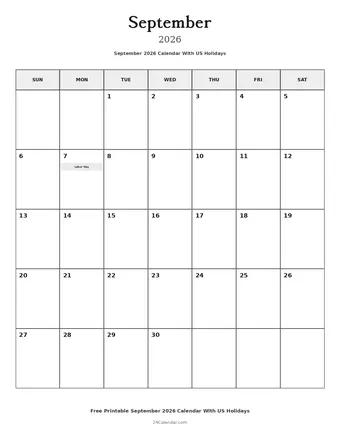 September 2026 Calendars With US Holidays