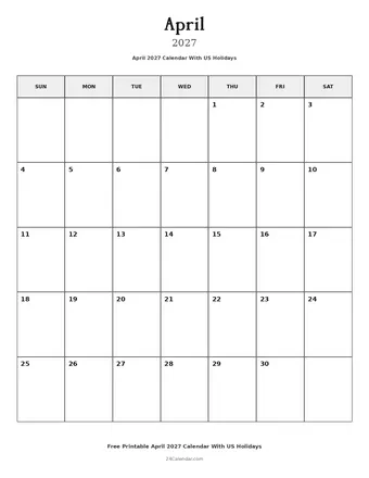 April 2027 Calendars With US Holidays