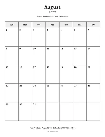 August 2027 Calendars With US Holidays