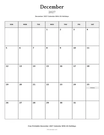 December 2027 Calendars With US Holidays