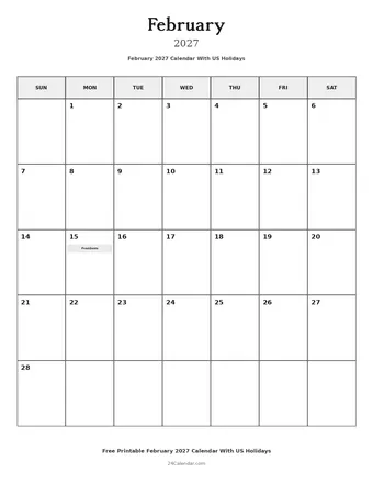 February 2027 Calendars With US Holidays