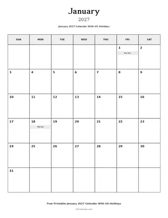 January 2027 Calendars With US Holidays