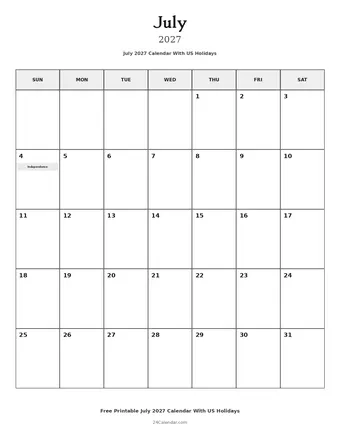 July 2027 Calendars With US Holidays