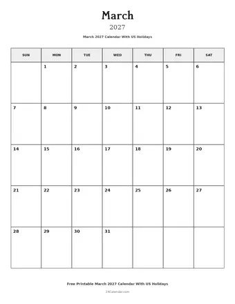 March 2027 Calendars With US Holidays
