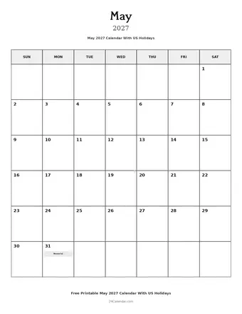 May 2027 Calendars With US Holidays