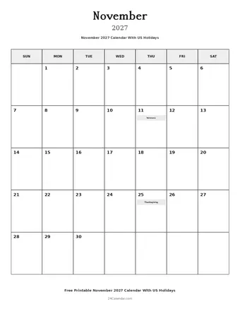 November 2027 Calendars With US Holidays