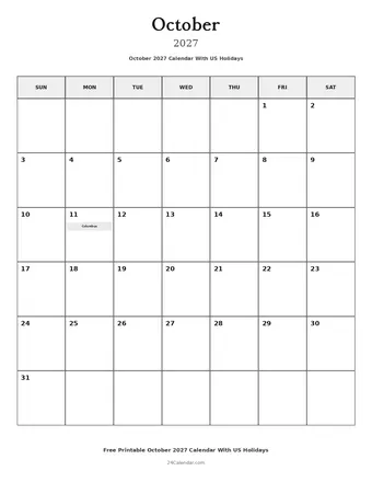 October 2027 Calendars With US Holidays