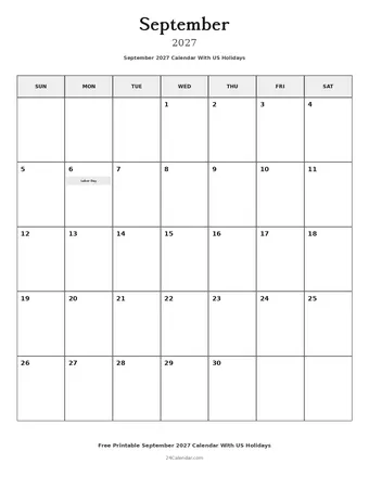 September 2027 Calendars With US Holidays