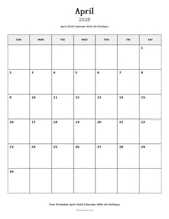 April 2028 Calendars With US Holidays