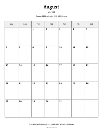August 2028 Calendars With US Holidays