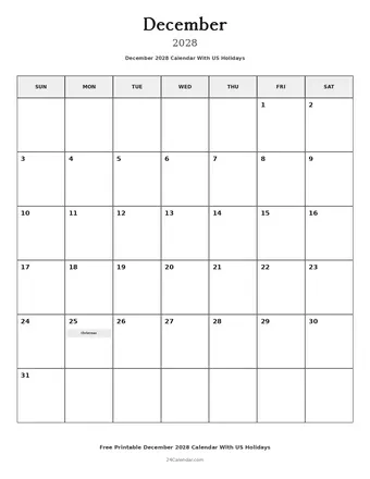 December 2028 Calendars With US Holidays