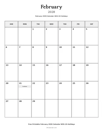 February 2028 Calendars With US Holidays
