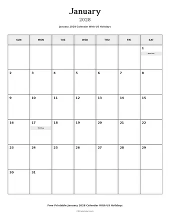 January 2028 Calendars With US Holidays