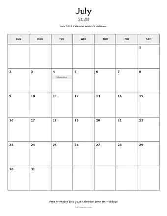 July 2028 Calendars With US Holidays