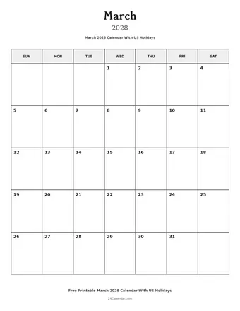 March 2028 Calendars With US Holidays