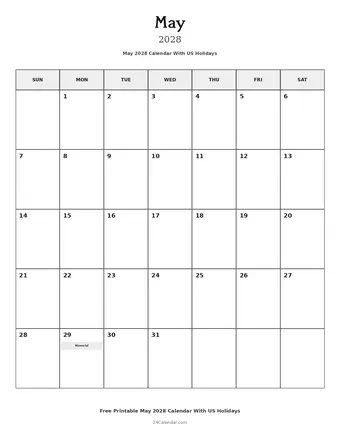 May 2028 Calendars With US Holidays