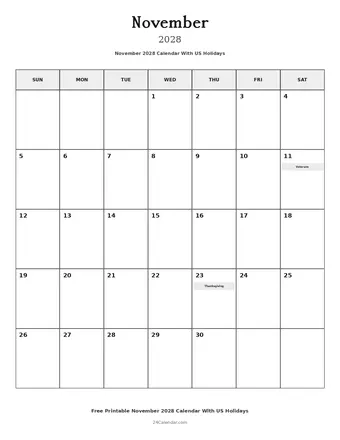 November 2028 Calendars With US Holidays
