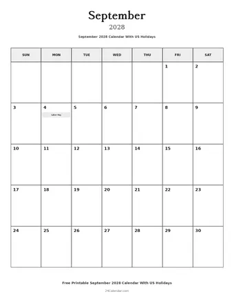 September 2028 Calendars With US Holidays