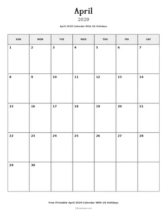 April 2029 Calendars With US Holidays
