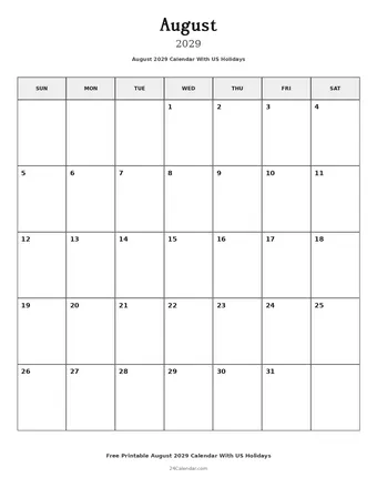 August 2029 Calendars With US Holidays