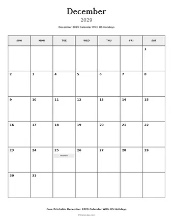 December 2029 Calendars With US Holidays