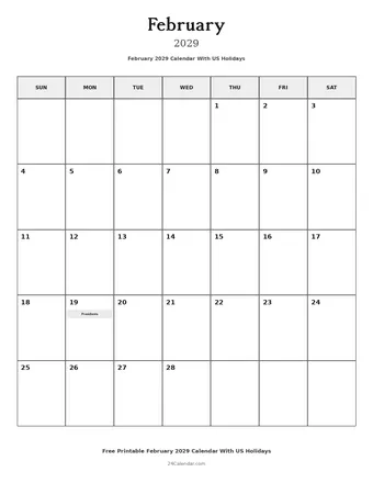 February 2029 Calendars With US Holidays