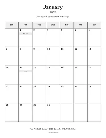 January 2029 Calendars With US Holidays