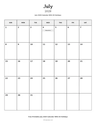 July 2029 Calendars With US Holidays