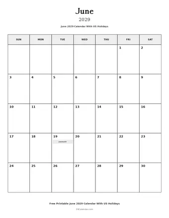 June 2029 Calendars With US Holidays