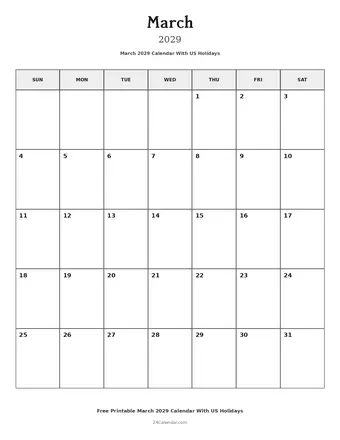March 2029 Calendars With US Holidays
