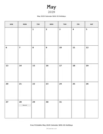 May 2029 Calendars With US Holidays