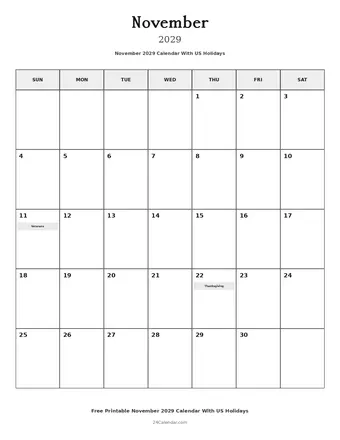 November 2029 Calendars With US Holidays